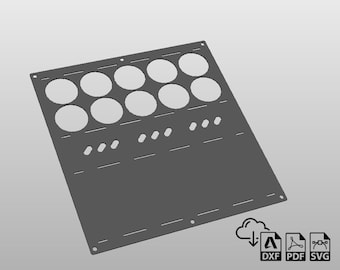 May include: A gray metal panel with nine circular cutouts and five rectangular cutouts. The panel is designed for use with gauges or other electronic components.
