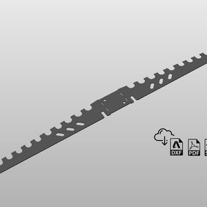 May include: A black metal strip with evenly spaced holes along its length. The strip has a rectangular section in the middle with a small hole in the center.