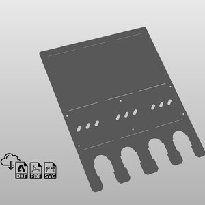 May include: A dark gray, rectangular laser-cut design with four arched cutouts at the bottom. The design includes several small, oval-shaped cutouts and lines. Icons for DXF, PDF, and SVG files are in the lower left corner.