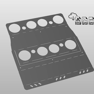 May include: A gray metal panel with multiple circular cutouts, designed for mounting gauges or other instruments. The panel has a curved shape and a textured surface.