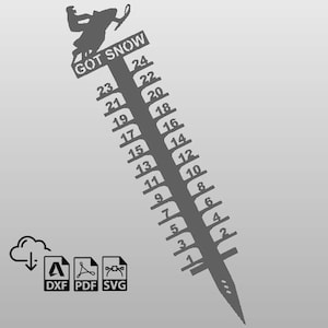 以下が含まれることがあります： 上部にスノーモービルに乗った人のシルエットが描かれた灰色の金属製の雪の深さゲージ。ゲージは1インチから24インチまでの目盛りが付いています。ゲージには「GOT SNOW」という文字が書かれています。