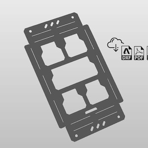Könnte beinhalten: Eine graue Metallvorlage mit mehreren rechteckigen Ausschnitten. Herunterladbar in den Formaten DXF, PDF und SVG.