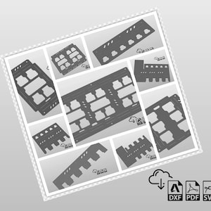 Può includere: Un set di sei modelli di taglio laser grigi di diverse dimensioni per creare un rack di stoccaggio. I modelli sono mostrati in un formato di collage con un'icona di download e i tipi di file: DXF, PDF e SVG.
