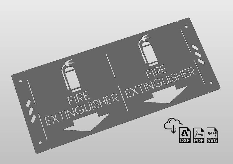 May include: A grey sign with white text and a fire extinguisher icon. The sign reads "FIRE EXTINGUISHER" with an arrow pointing down.
