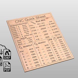 Puede incluir: Una hoja rápida de CNC de madera con atajos de teclado, medidas de fresa y datos de RPM/IPM/MPM. Incluye iconos de archivos DXF, SVG y PDF. La hoja proporciona medidas fraccionarias y decimales en pulgadas.