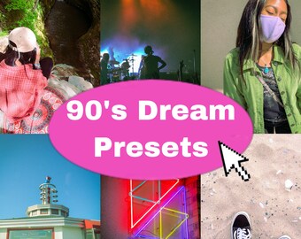 Puede incluir: Un collage de imágenes con un óvalo rosa en el centro que dice "90's Dream Presets". Las imágenes incluyen una cascada en un bosque, un escenario de concierto con luces, una persona que lleva una chaqueta verde y una mascarilla, un letrero de neón con formas geométricas, un restaurante con un letrero que dice "The Corner", y los pies de una persona que lleva zapatillas y pantalones de cuadros rojos y blancos en una playa de arena.