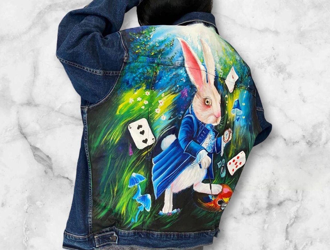 Alice Rabbit Jacket Custom Alice in Wonderland Denim Jacket Personalized Hand Painted Denim ...