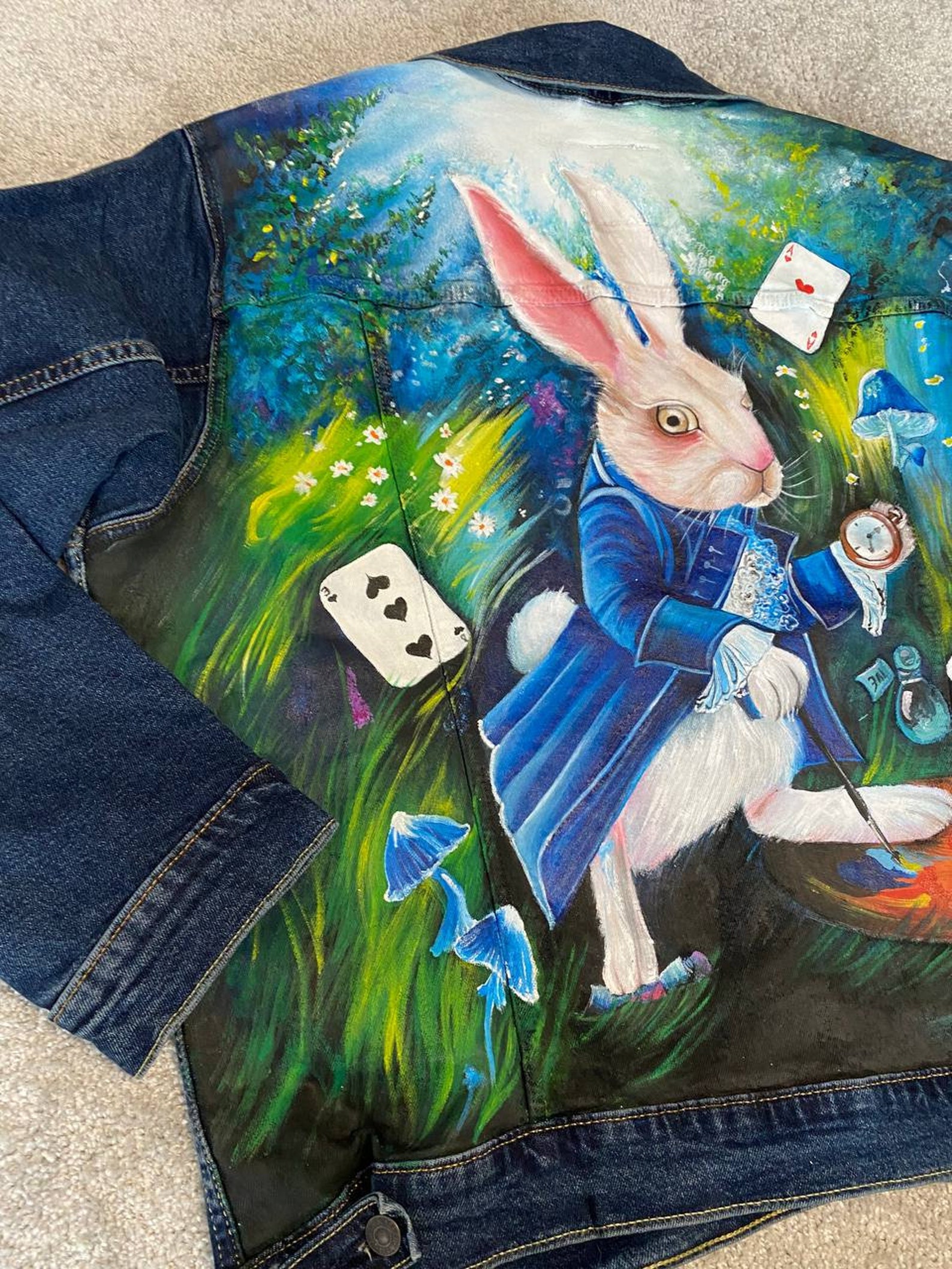 Alice Rabbit Jacket Custom Alice in Wonderland Denim Jacket Personalized Hand Painted Denim ...