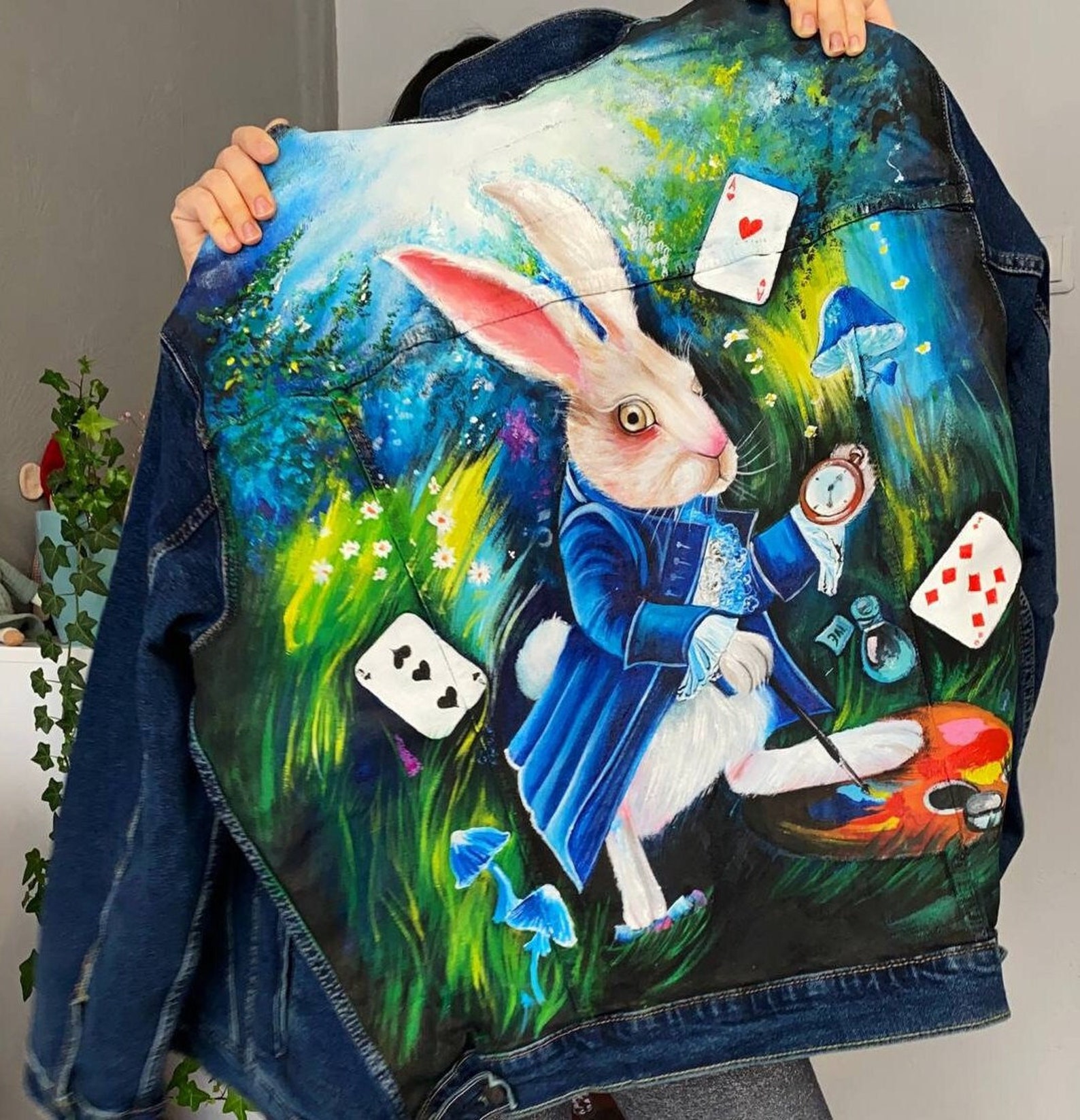 Alice Rabbit Jacket Custom Alice in Wonderland Denim Jacket Personalized Hand Painted Denim ...