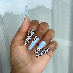 Teal Cow Print Press On Nails | Luxury Press On Nails | Blue Press On Nails | Acrylic Nails | Fake Nails | Stick On Nails | Reusable Nails