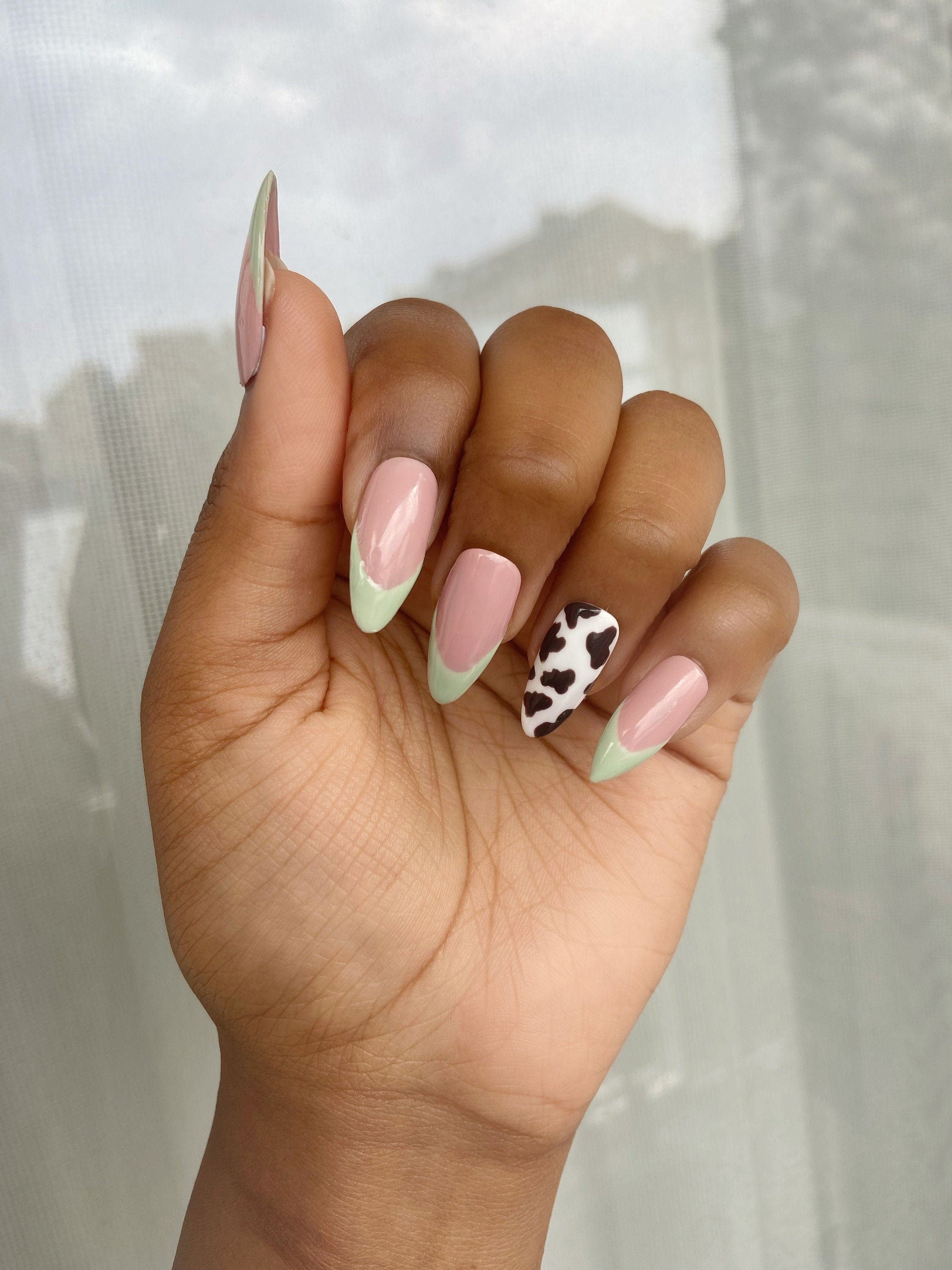 Sage Green French Tip with Brown Cow Print Press On Nails Etsy