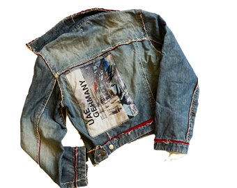 WOMEN JEAN JACKET | Vintage Style Up-cycled Jean Jacket | Art Print Fashionable Clothing | Denim Jean Street Wear Jacket | Gift For Ladies