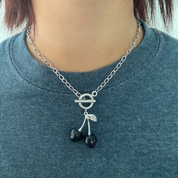 Silver Chain Necklace | Black Cherry Necklace | Cherry Choker | Black Cherry Jewelry