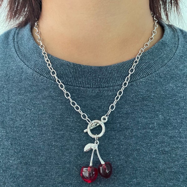 Silver Chain Necklace | Red Cherry Necklace | Cherry Choker | Black Cherry Jewelry