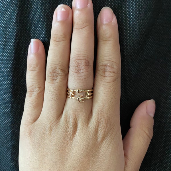 Gold Antique Star Cuff Ring | Moon and Star Ring