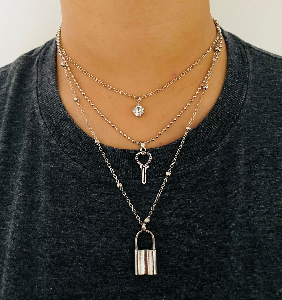 Silver Chain Necklace | Lock Charm Necklace | Lock and Key and Diamond ...