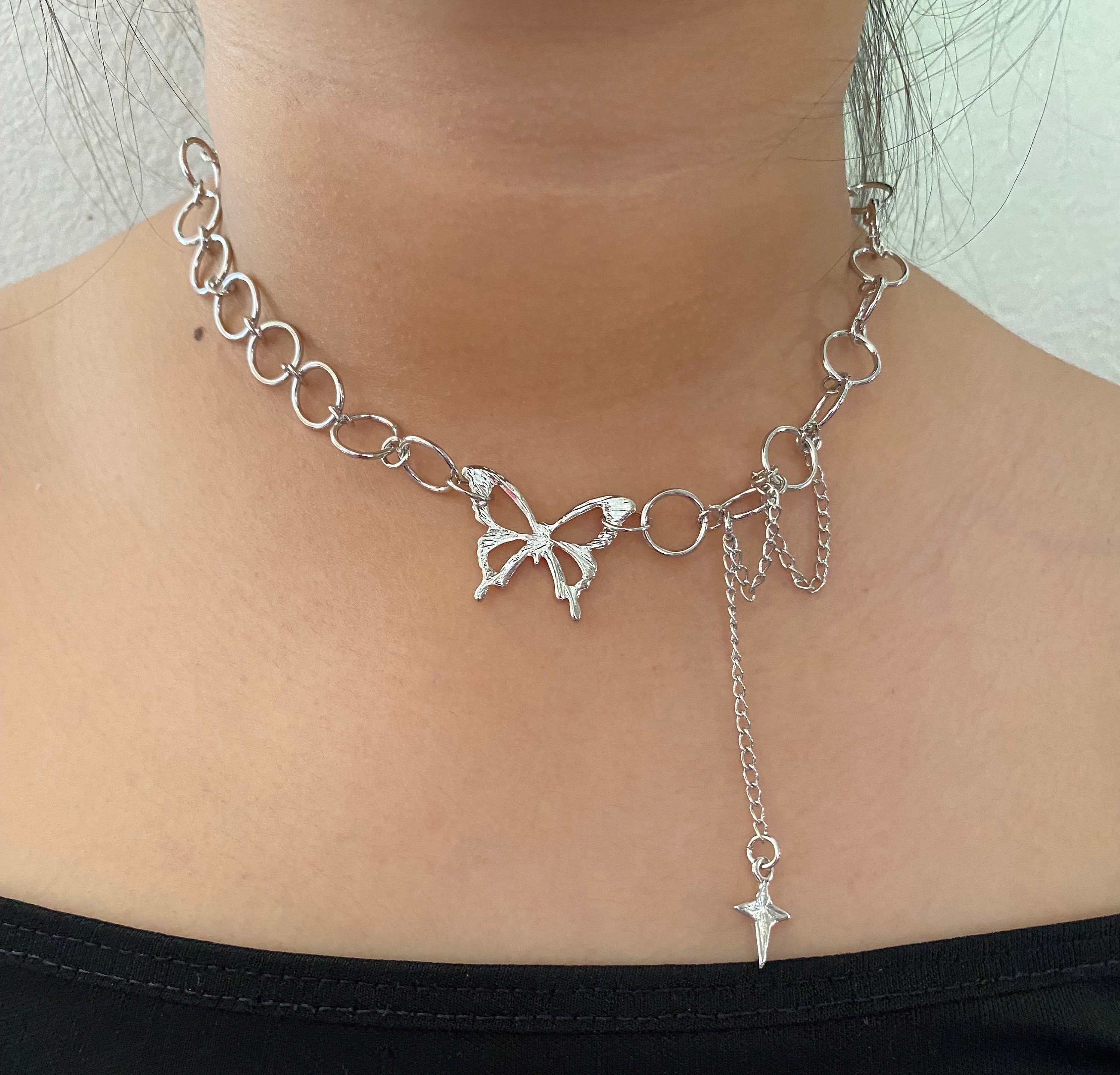 Silver Chain Necklace Butterfly Choker