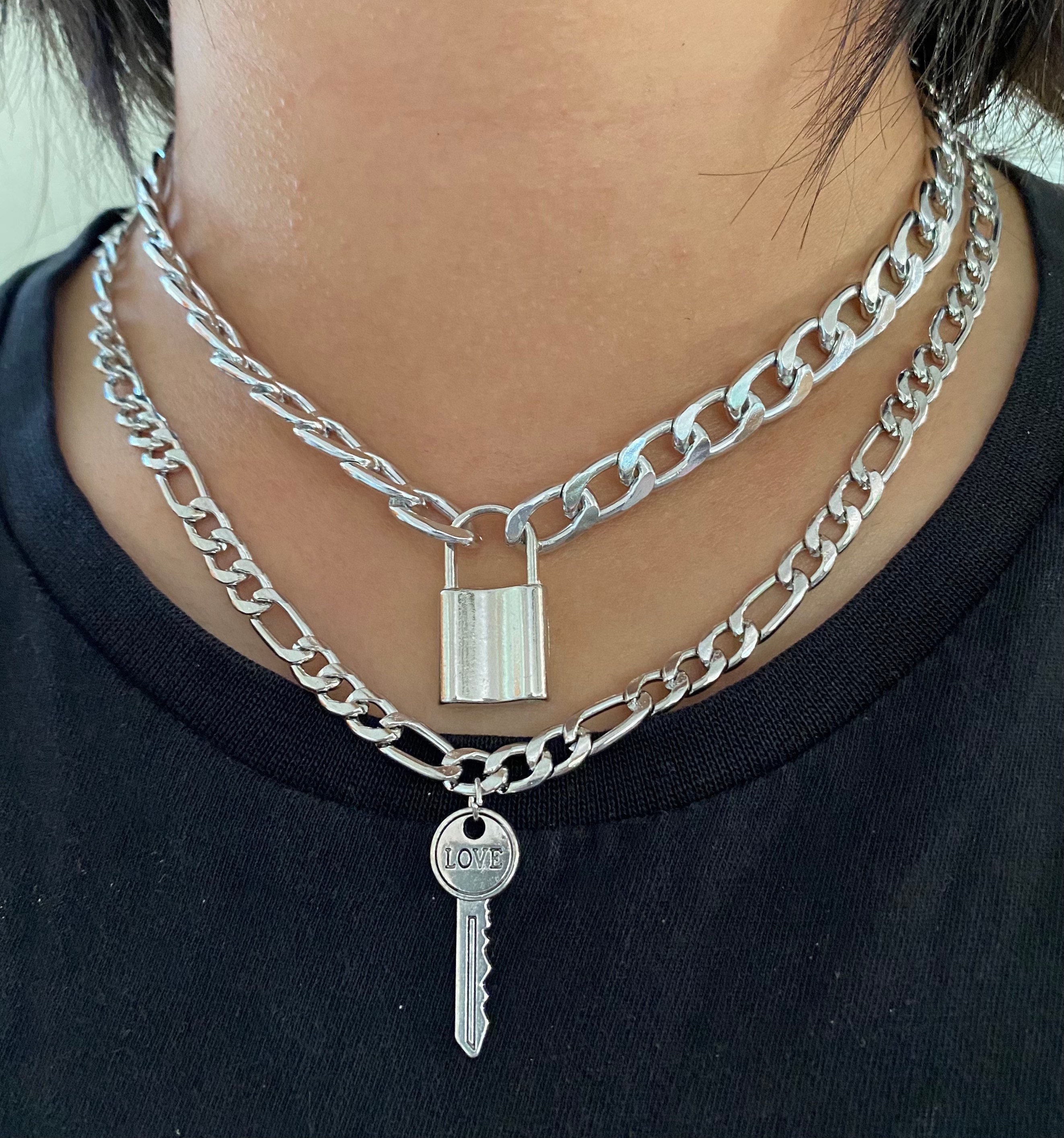 Lock Key Pendant Necklace Statement Long Chain Punk Choker Necklace  Valentine‘s Day Gift for Women Girlfriend Wife, Silver