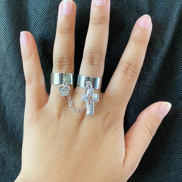 Chain Connected Rings | Crystal Heart and Cross Charm Rings | Adjustable Cuff Rings