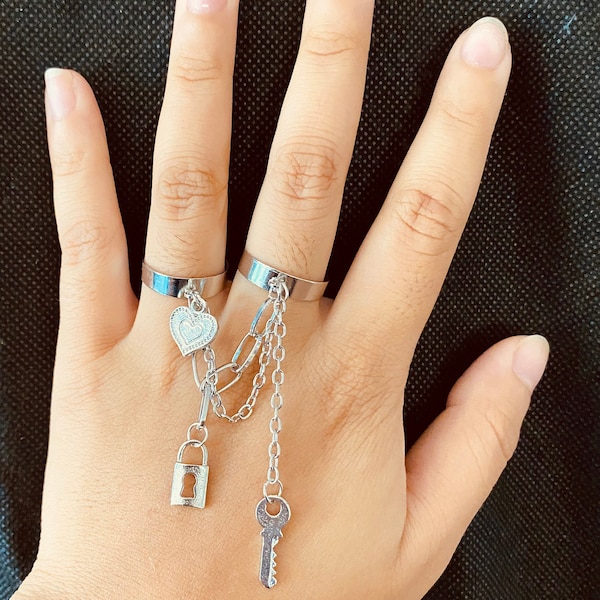 Chain Connected Rings | Heart, Lock and Key Charm Rings | Adjustable Cuff Rings