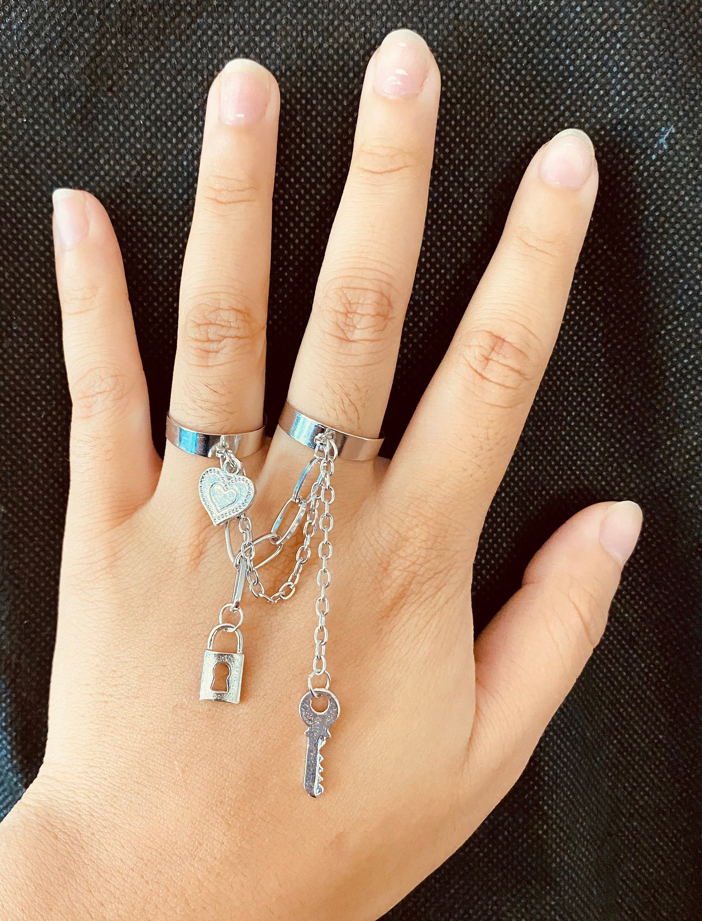 Chain Connected Rings | Heart, Lock and Key Charm Rings