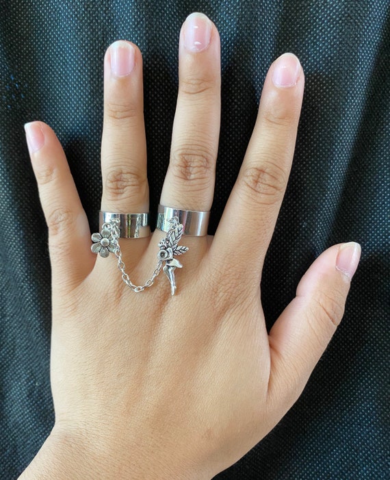 Handmade Chain Connected Rings Flower and Fairy Charm Rings Adjustable Cuff Rings