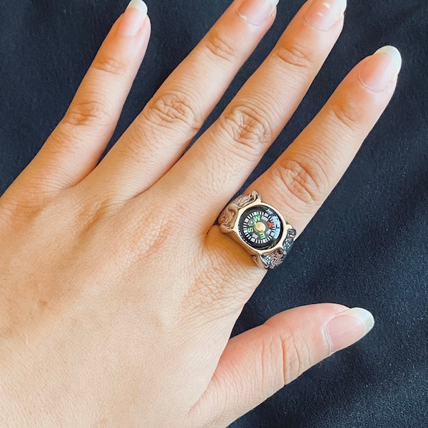 Mens Ring | Compass Ring | Silver Adjustable Cuff Ring