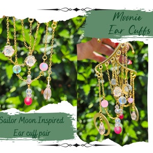 May include: A pair of gold Sailor Moon inspired ear cuffs with pink and clear beads, and a crescent moon charm.  The ear cuffs are called "Moonie Ear Cuffs".
