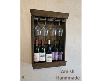 Rustic Wine Shelf - Wall Mounted -  Amish Handmade Wine Holder - Wine Display With Glass Holder - Gifts - Bar Rack- Wooden Bottle Holder