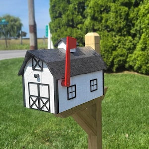 Dutch Barn Mailbox Amish Handmade, Choose Your Color, Wood Amish Mailbox With Red Flag Black Roof