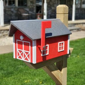 Country Mailbox Red Box, White Trim, Black Roof, Amish Handmade Barn Mailbox Poly Lumber Weather Resistant