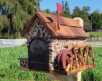 Waterwheel Mailbox, Amish Made Wooden With Red Stones Cover, Cedar Shake Roof, Decorative Waterwheel, and USPS Approved Metal Insert.