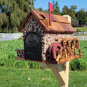 Waterwheel Mailbox, Amish Made Wooden With Red Stones Cover, Cedar Shake Roof, Decorative Waterwheel, and USPS Approved Metal Insert.