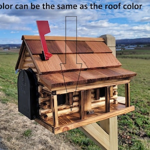 May include: A wooden mailbox shaped like a log cabin with a red flag on top. The mailbox has a porch and a black metal mail slot. The mailbox is mounted on a wooden post.