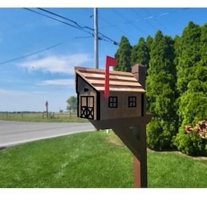 Amish Chestnut Mailbox - Handmade - Barn Style - Wooden - With a Tall Prominent Sturdy Flag - With Cedar Shake Shingles Roof
