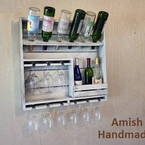 Rustic Wine Shelf - Wall Mounted -  Amish Handmade Wine Holder - Wine Display With Glass Holder - Gifts - Bar Rack- Wooden Bottle Holder