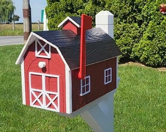 Barn Mailbox Amish Handmade, Dutch Barn Style, Choose Your Color, Wooden Amish Mailbox With Red Flag Black Roof