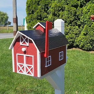 Barn Mailbox Amish Handmade, Dutch Barn Style, Free Shipping, Choose Your Color, Wooden Amish Mailbox With Red Flag Black Roof