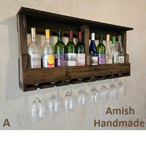 Rustic Wine Rack - Free Shipping - Wall Mounted -  Amish Handmade Wine Holder - Wine Display With Glass Holder - Wooden Bottle Holder - Gift