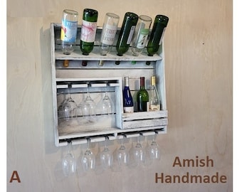 Rustic Wine Shelf - Wall Mounted -  Amish Handmade Wine Holder - Wine Display With Glass Holder - Gifts - Bar Rack- Wooden Bottle Holder