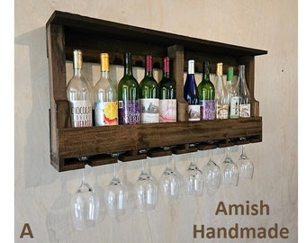 Rustic Wine Rack - Wall Mounted -  Amish Handmade Wine Holder - Wine Display With Glass Holder - Gifts - Bar Shelf - Wooden Bottle Holder