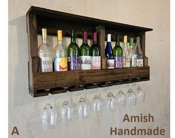 Rustic Wine Rack - Free Shipping - Wall Mounted -  Amish Handmade Wine Holder - Wine Display With Glass Holder - Wooden Bottle Holder - Gift
