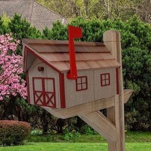 Handmade Mailbox - Wooden - Clay - Amish - Barn Style - Tall Prominent Flag - With Cedar Shake Shingles Roof - Large - Detailed - Mailbox