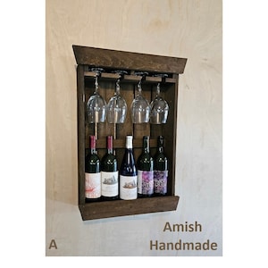 Rustic Wine Shelf - Wall Mounted -  Amish Handmade Wine Holder - Wine Display With Glass Holder - Gifts - Bar Rack- Wooden Bottle Holder