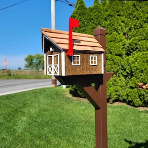 Amish Chestnut Mailbox - Handmade - Barn Style - Wooden - With a Tall Prominent Sturdy Flag - With Cedar Shake Shingles Roof