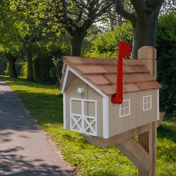 Beige Amish Mailbox - Handmade - Wooden - Barn Style - With a Tall Prominent Sturdy Flag - With Cedar Shake Shingles Roof