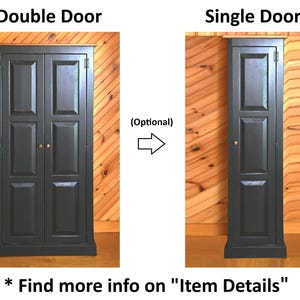 以下が含まれることがあります： Double Doorとラベル付けされた2枚扉のダークグレーのキャビネットと、Single Doorとラベル付けされた1枚扉のキャビネット。それらの間に(Optional)というテキストと共に矢印がある。下部には* Find more info on "Item Details"というテキストがある。