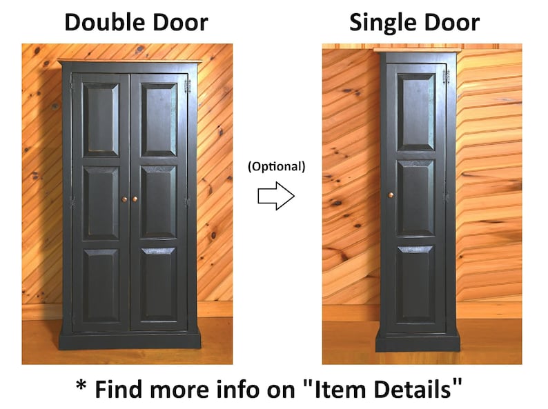以下が含まれることがあります： Double Doorとラベル付けされた2枚扉のダークグレーのキャビネットと、Single Doorとラベル付けされた1枚扉のキャビネット。それらの間に(Optional)というテキストと共に矢印がある。下部には* Find more info on "Item Details"というテキストがある。