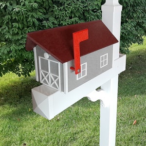 Amish Mailbox - Handmade - Poly Lumber Barn Style - Cherry Roof, Gray Box With White Trim - Weather Resistant