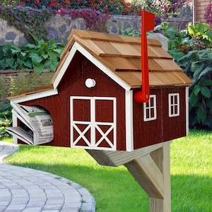 Amish Mailbox with Newspaper Holder, Handmade Wooden Barn Style Mailbox With Cedar Shake Roof and a Tall Prominent Sturdy Flag